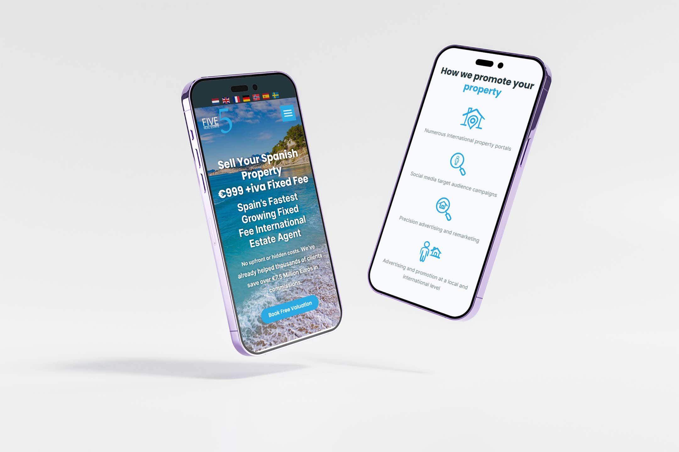 Two smartphones, each showing a different section from the 5 Real Estate homepgae
