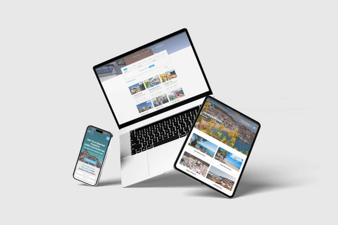 A smartphone, laptop, and tablet showing various pages from the 5 Real Estate website