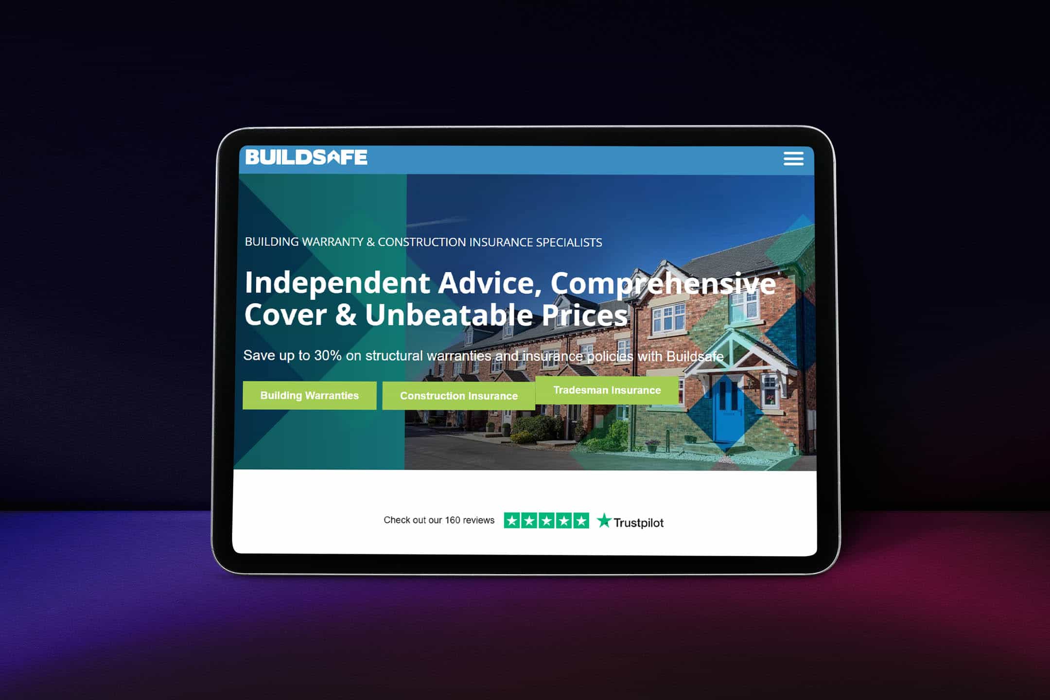 A tablet displaying the Buildsave homepage