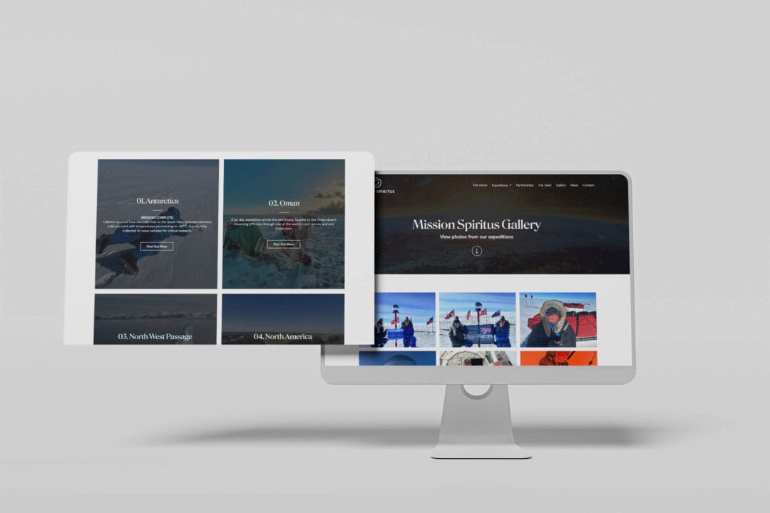 An iMac displaying the Mission Spiritus gallery page, with a graphical overlay showing the different missions for the team